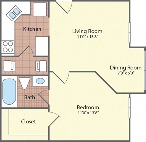 Floor plan for 1 bed, 1 bath, 534 sqft